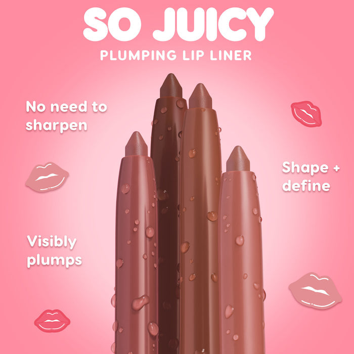 ColourPop So Juicy Plumping Lip Liner with Peptides, Jaguar shade, twist‑up crayon beaded with water, shaping and defining lips; four nude‑to‑brown liners stand upright on a pink backdrop with callouts: no need to sharpen, visibly plumps.