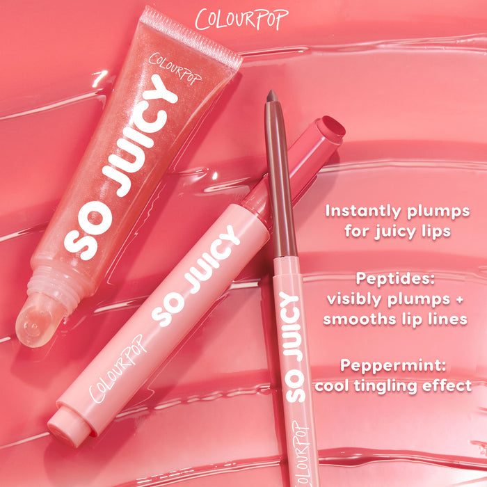 ColourPop So Juicy Plumping Lip Liner with Peptides in Jaguar sits uncapped beside a matching So Juicy gloss on a glossy pink backdrop, highlighting peptide-powered plumping and a peppermint tingle for smoother, fuller-looking lips.