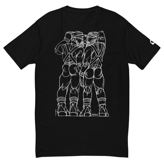 Black t-shirt with drawing in white of harnessed leather men kissing