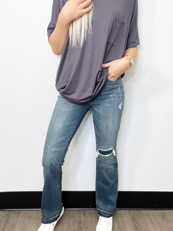 Judy Blue Dark Wash Mid Rise Destroyed Knee Patch Jeans