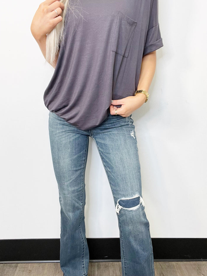 Judy Blue Dark Wash Mid Rise Destroyed Knee Patch Jeans