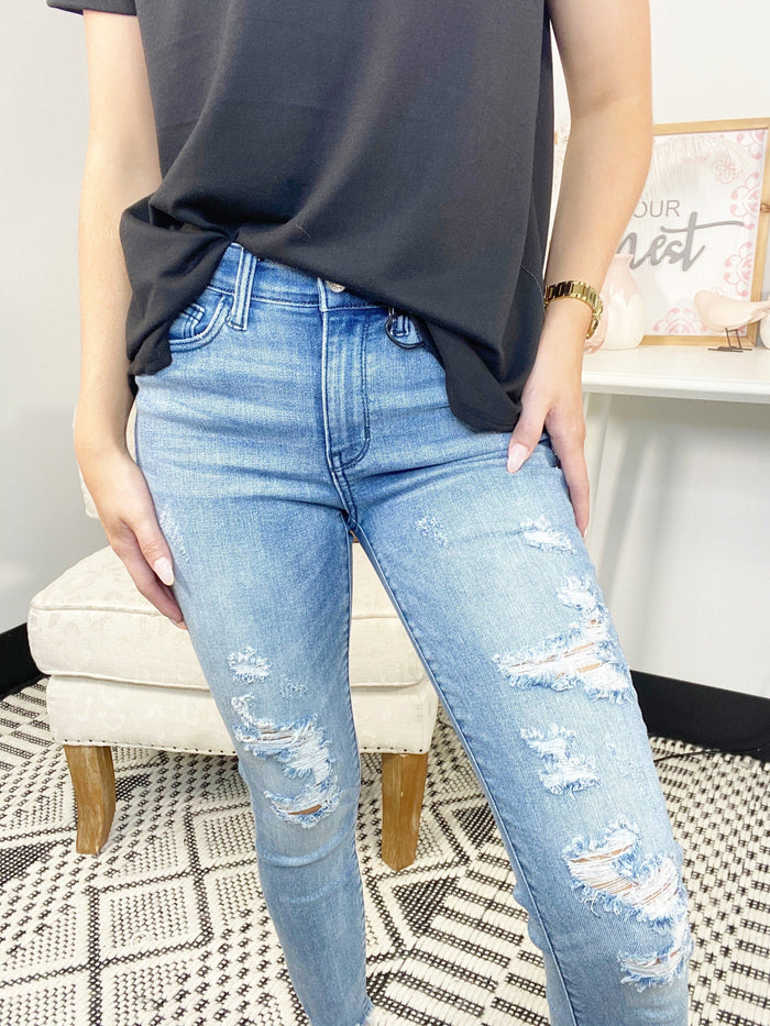 Judy Blue FAB 5 Medium Wash Mid Rise Destroyed Skinny Jeans-JUDY BLUE-Featherandvine