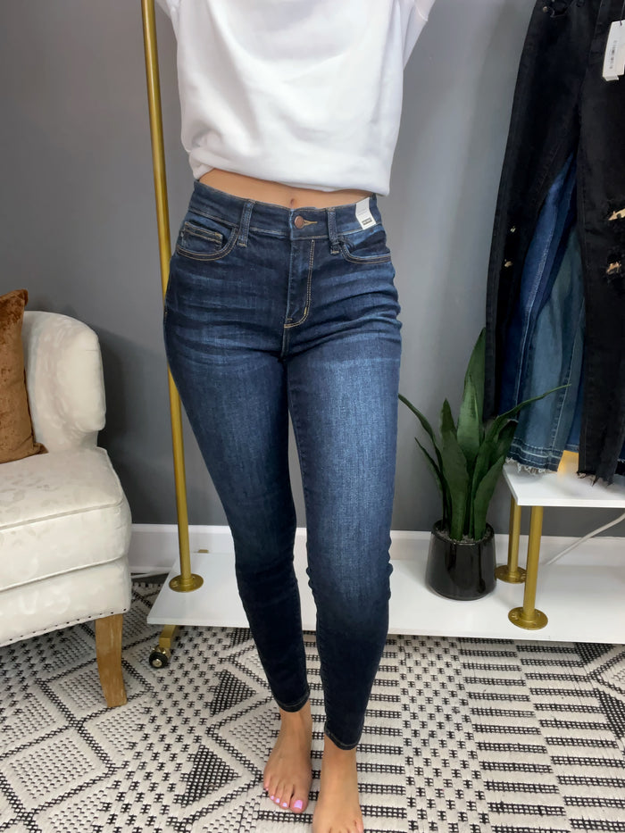 Judy Blue High Waist Hand Sanded Dark Wash Skinny Jeans