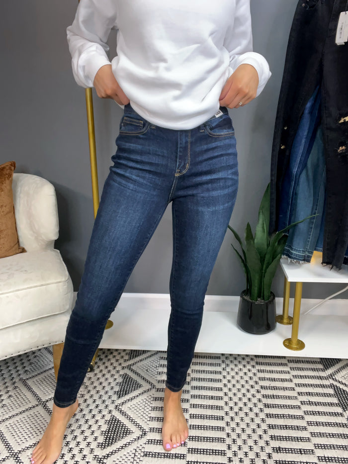 Judy Blue High Waist Hand Sanded Dark Wash Skinny Jeans