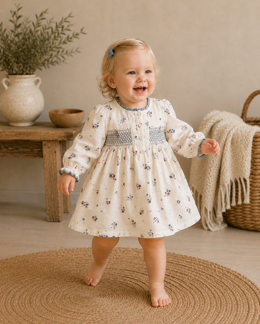 Baby Wearing Juliet Smocked Floral Baby Dress and Bloomer Set, Organic Cotton by Viverano