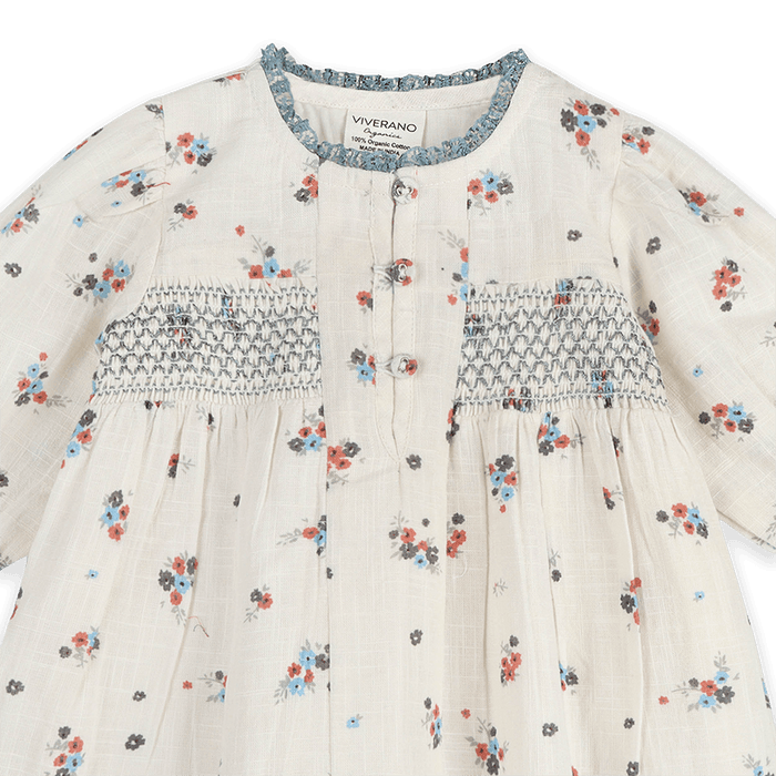 Juliet Smocked Floral Baby Dress & Bloomer Set (Organic Cotton) - Detail