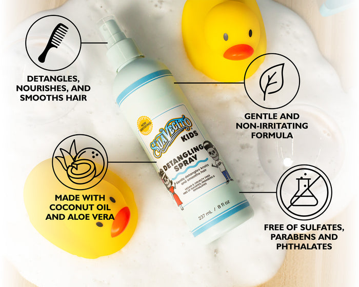 Suavecito Kid's Detangling Spray bottle with product features labeled on a white background