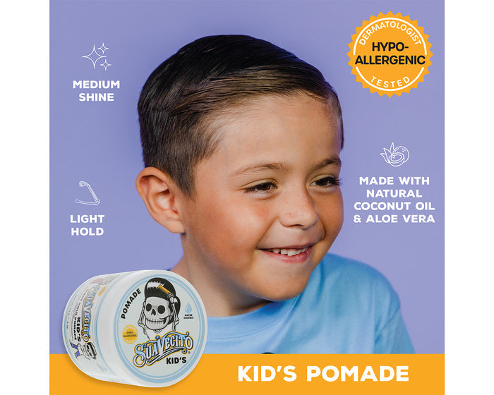 Child with nicely combed hair with product details listed around him