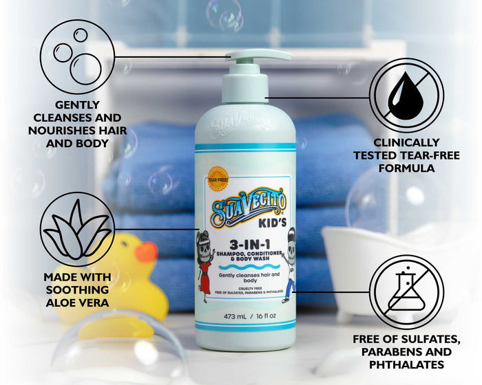 3-in-1 for kids with product features highlighted on a bathroom background