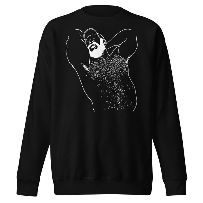 Black unisex premium crewneck sweatshirt with bold white line-art bear illustration by queer artist Kinky Needles, Adam's Nest Provincetown