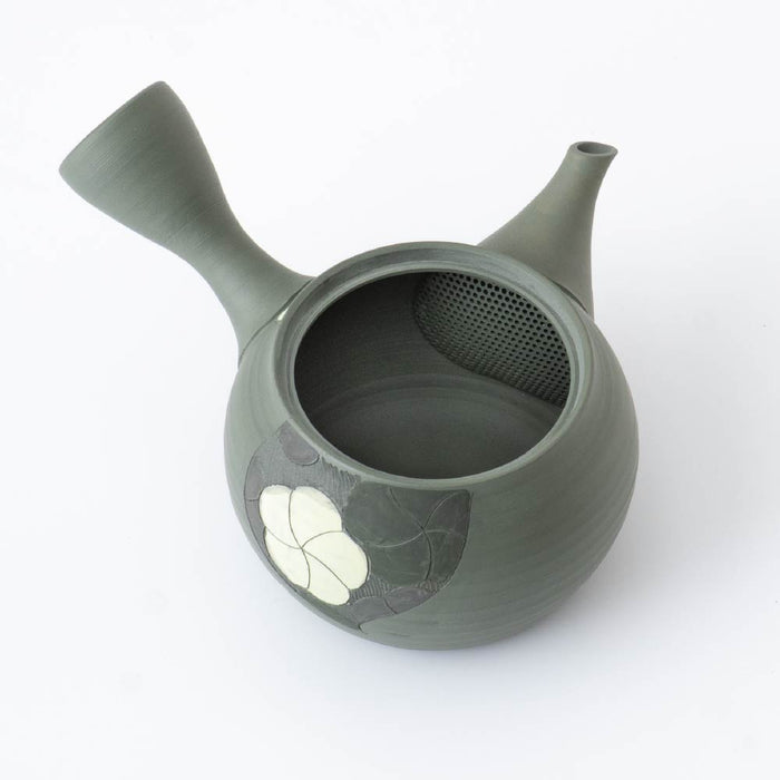 Kyusu Teapot Tokoname Yaki - Carved Blossom [Built-in ceramic mesh filter]