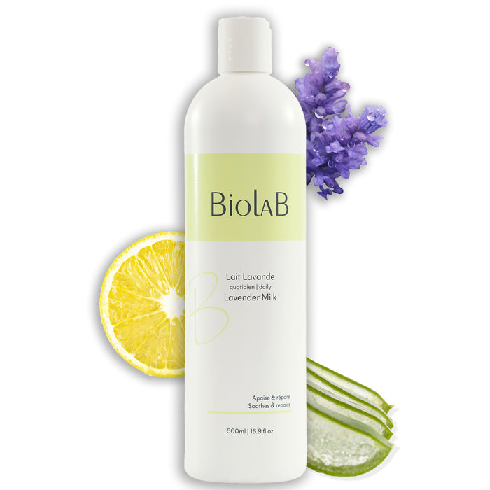 Biolab Lavender Milk 500ml bottle with fresh lavender, lemon slice, and aloe vera, soothing & repairing daily skincare for all skin types