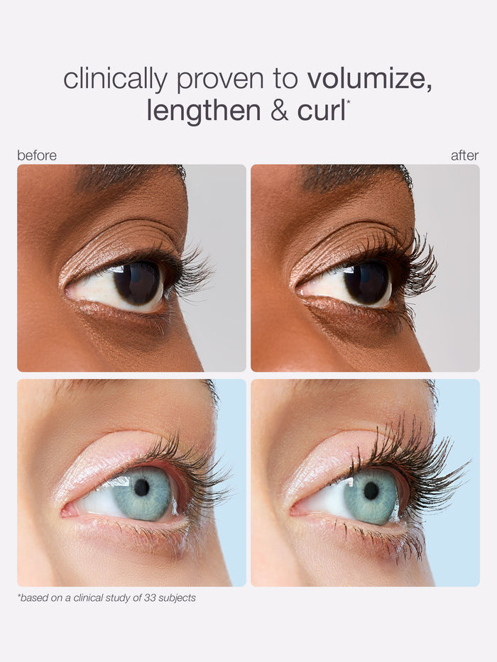 Before and after comparison of eyelashes with text indicating product benefits.