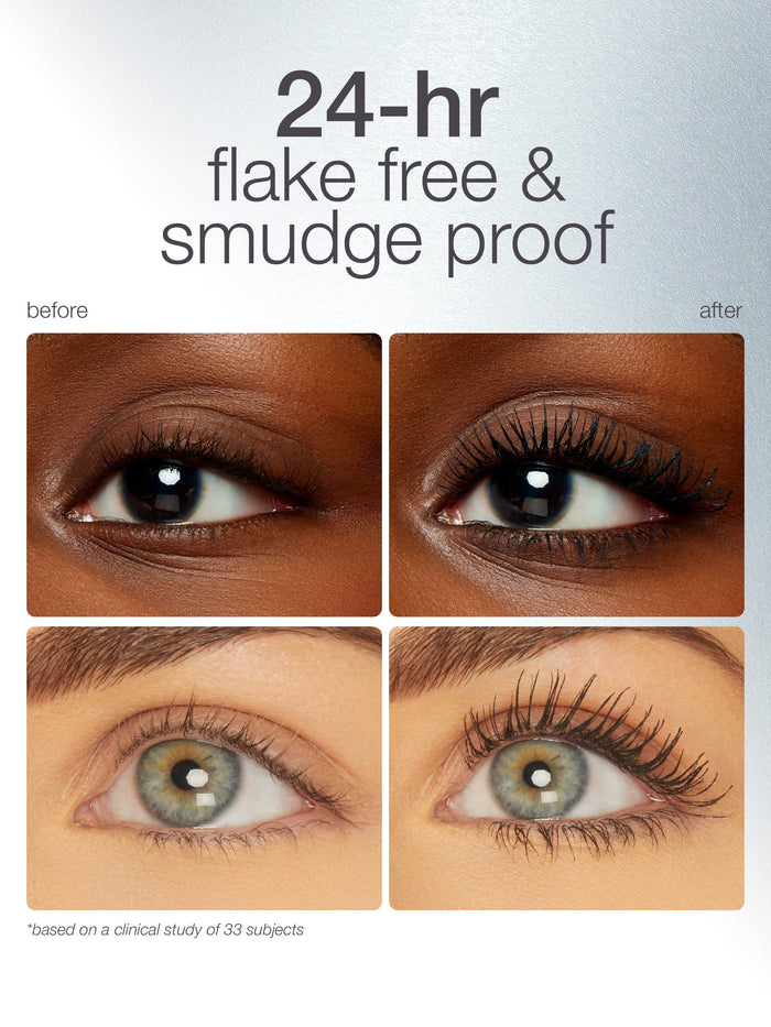 Two pairs of eyes are compared before and after applying Tarte Cosmetics mascara, emphasizing longer, fuller lashes. Text reads: 24-hr flake free & smudge proof, with a clinical study note.
