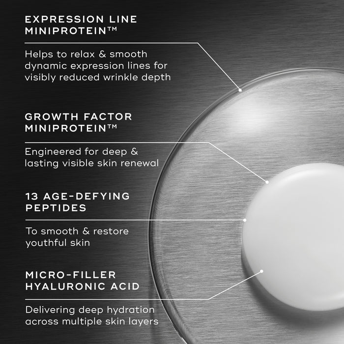 A close-up of the texture of the Liquid Peptides Advanced MP with text callouts detailing its ingredients. EXPRESSION LINE MINIPROTEIN™",GROWTH FACTOR MINIPROTEIN, 13 AGE-DEFYING PEPTIDES and MICRO-FILLER HYALURONIC ACID.