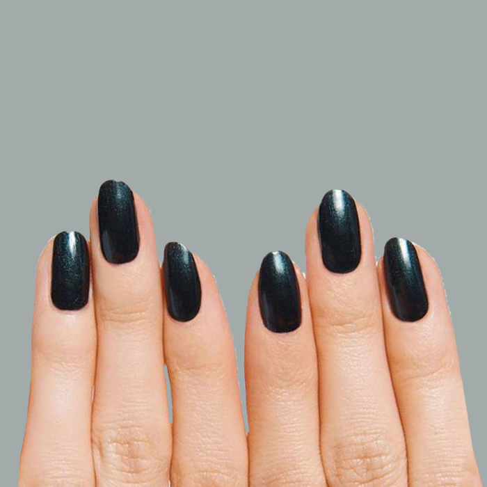 Fingernails painted in glossy deep black with LL gel polish for a sleek and durable at-home manicure by Olive and June