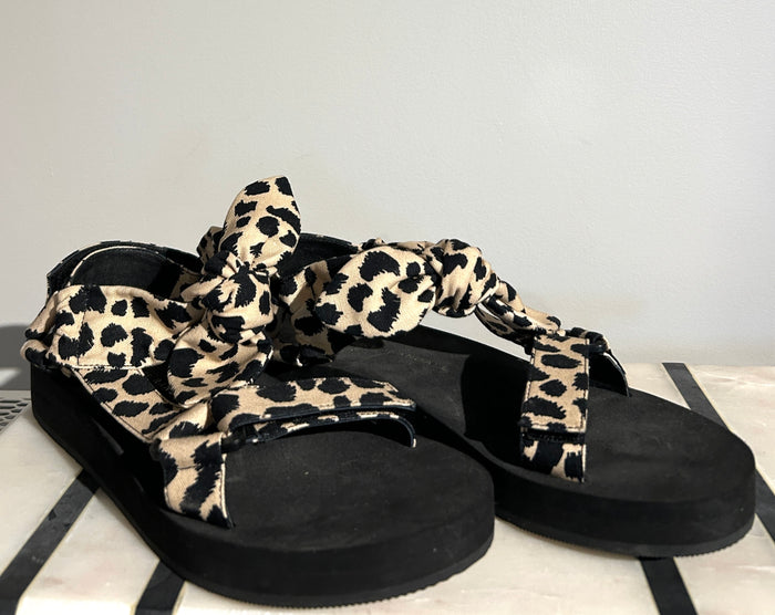 Loeffler Randall animal print sandals in size 7.5 with strappy design and stylish patterned upper for casual or summer wear.