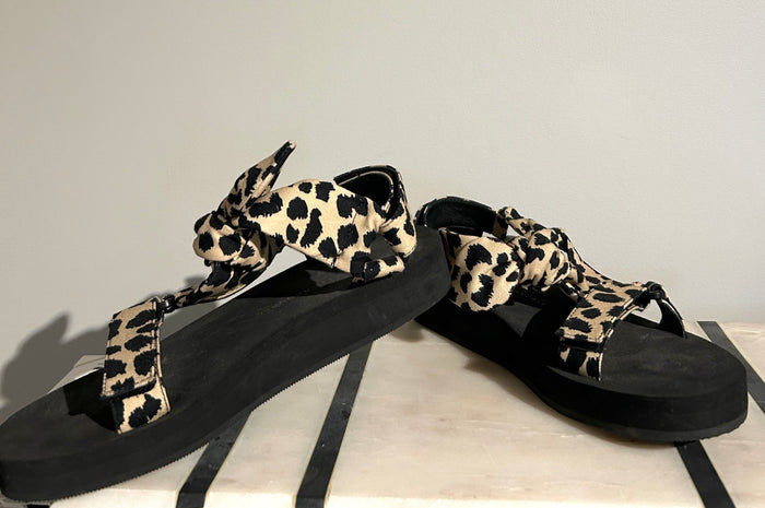 Loeffler Randall animal print sandals in size 7.5, featuring stylish open-toe design and bold patterned straps.
