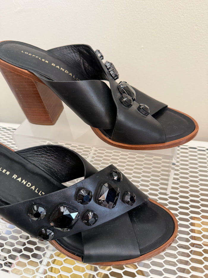 Loeffler Randall black mules with gem embellishments, size 8, stylish women's shoes featuring elegant design and sparkling details.