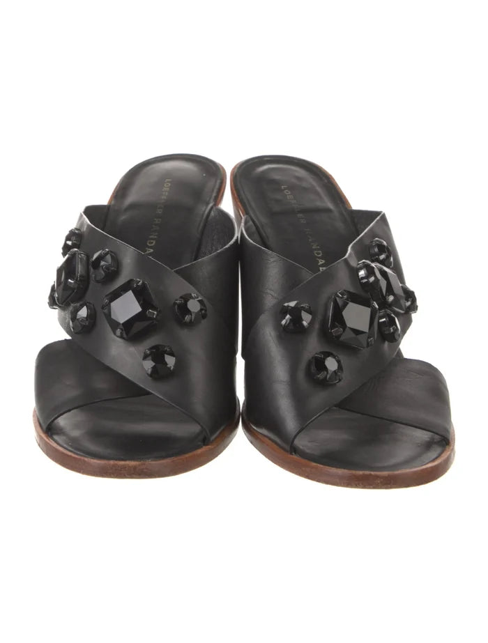 Loeffler Randall black mule shoes with gem embellishments, size 8, featuring pointed toes and stylish design.