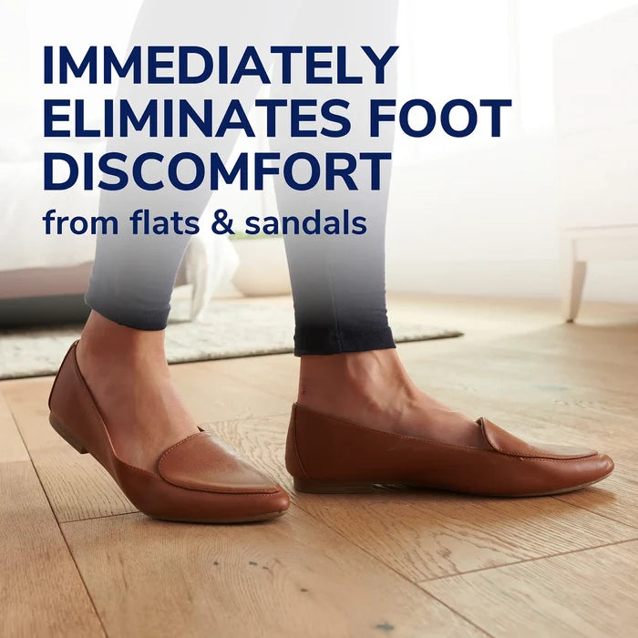 3/4 length cushioning insole inserts shown with brown flats on a seated person