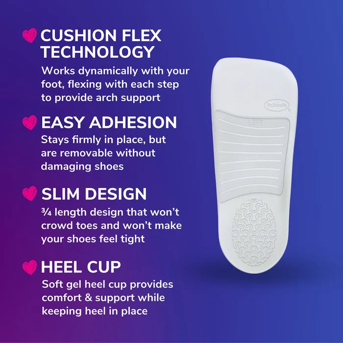 White 3/4 length gel heel cup insole with slim design and arch support pattern
