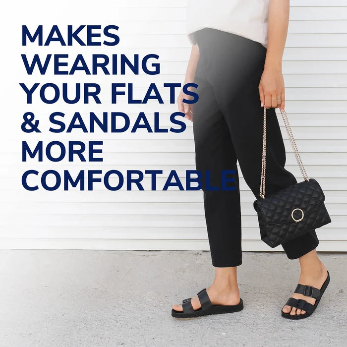 3/4 length cushioning insole inserts shown with black sandals and cropped dark pants