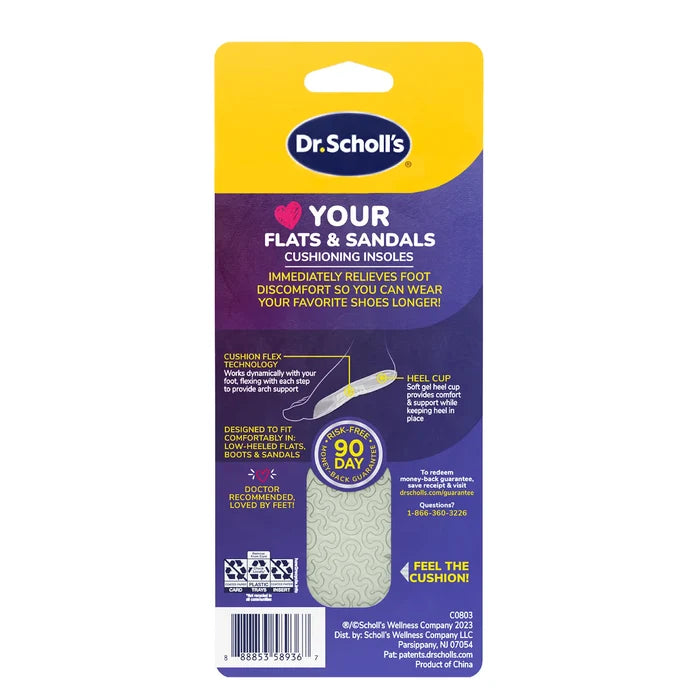 Back of Dr. Scholl's Your Flats & Sandals cushioning insoles package for women