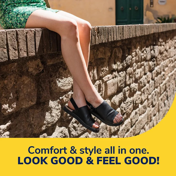 Arch cushioning for flats & sandals, worn with black slide sandals