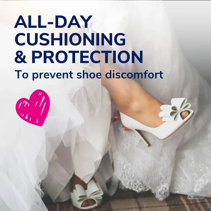 Heel & wedge comfort insole shown in use under a white heeled shoe