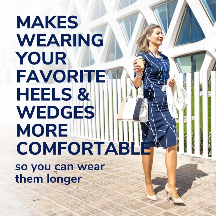 Women’s heel & wedge insoles for longer wear, woman walking in heels