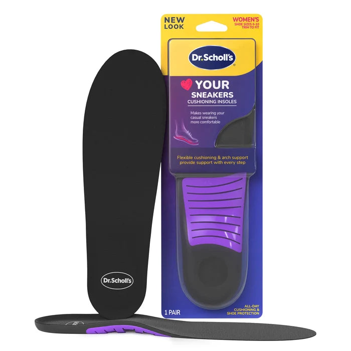 Full-length black sneaker insoles with purple cushioning and arch support, 1 pair