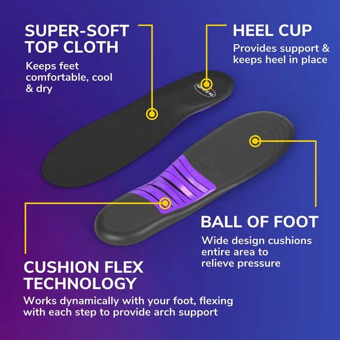 Black full-length insole diagram showing heel cup and ball-of-foot cushioning