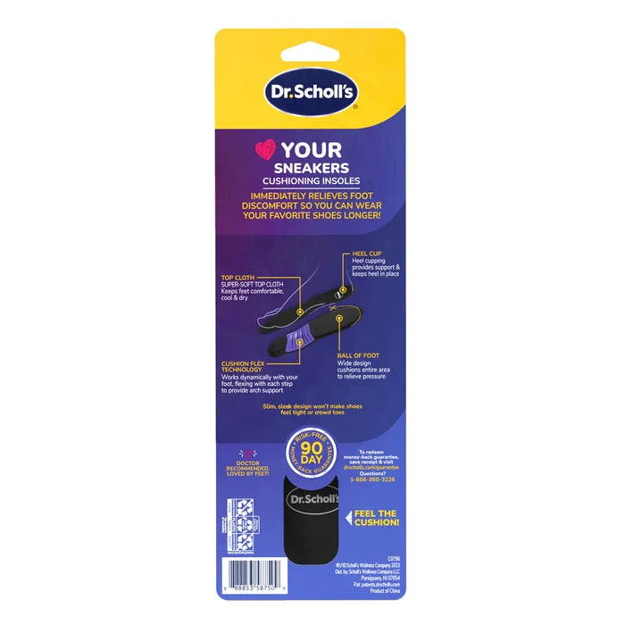 Dr. Scholl's Your Sneakers cushioning insoles retail package with black pair inside