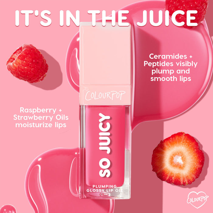 Clear square tube of ColourPop So Juicy Plumping Glossy Lip Oil in Lychee Jelly showcases a bright pink formula, highlighting ceramides, peptides, and raspberry + strawberry oils against a glossy pink backdrop with berries.