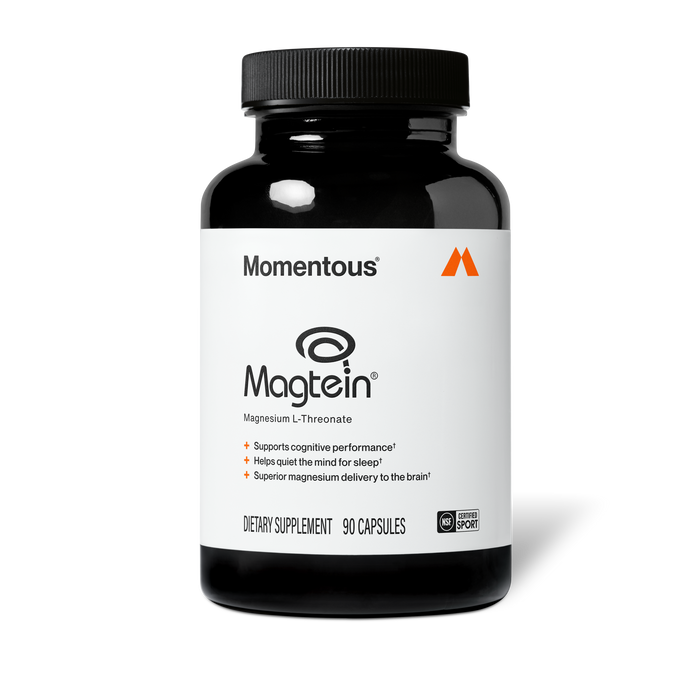 Momentous Magtein Magnesium L-Threonate dietary supplement, 90 capsules, NSF Certified Sport. Label reads: Supports cognitive performance, helps quiet the mind for sleep, superior magnesium delivery to the brain. Dark glass bottle with white label and orange Momentous logo.