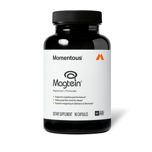 Momentous Magtein Magnesium L-Threonate dietary supplement, 90 capsules, NSF Certified Sport. Label reads: Supports cognitive performance, helps quiet the mind for sleep, superior magnesium delivery to the brain. Dark glass bottle with white label and orange Momentous logo.