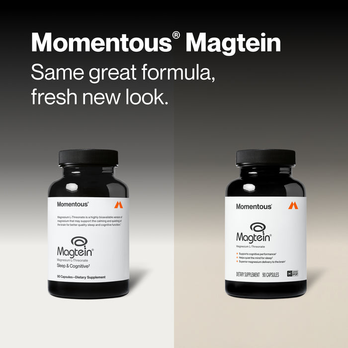 Momentous Magtein rebrand comparison: old and new packaging side by side on a light background. Headline reads: Same great formula, fresh new look. Both bottles feature Magnesium L-Threonate, 90 capsules, dietary supplement labeling.