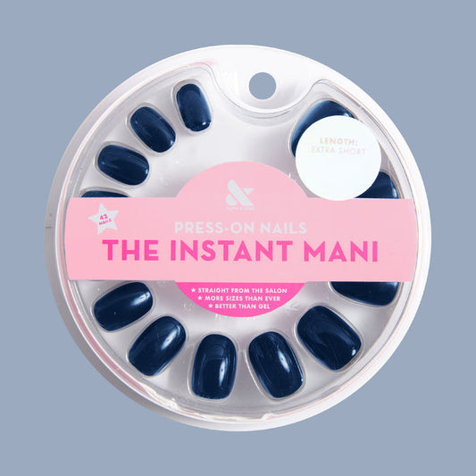 Make a Res | Round | Extra Short press-on manicure with rich dark navy nails in an extra short round shape for quick at-home mani