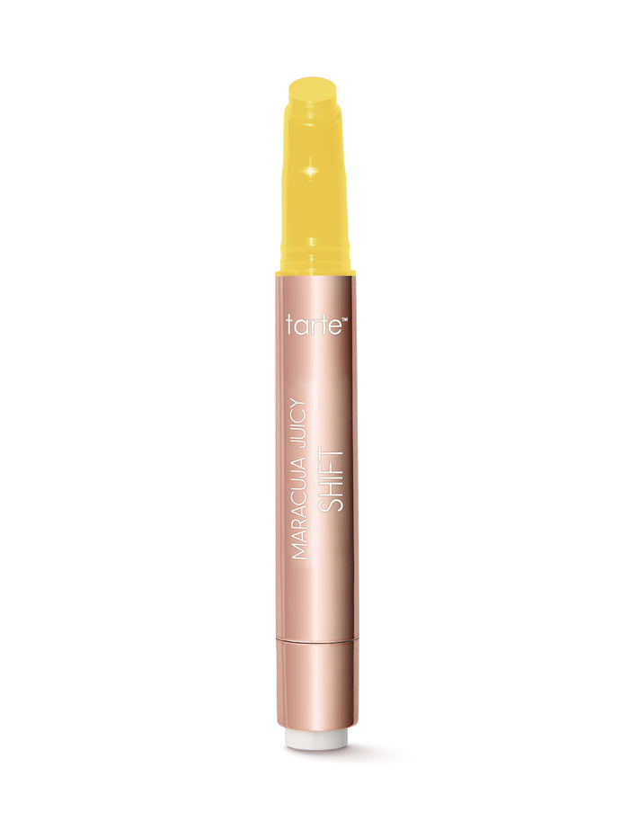 Tarte Cosmetics lip product with yellow cap and rose gold body on a white background