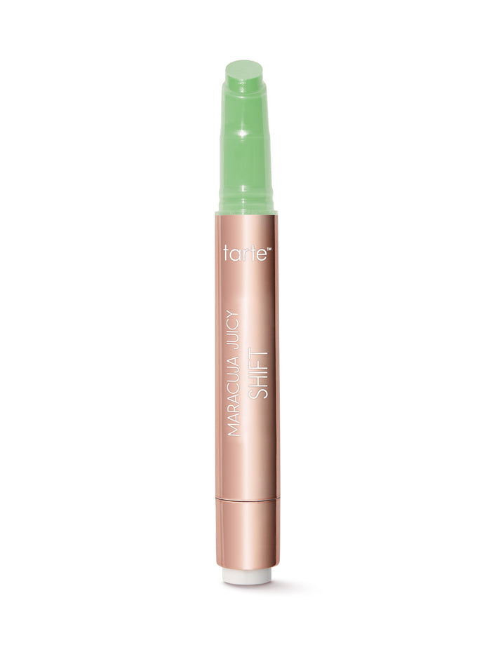 Tarte Cosmetics product with green cap and rose gold body on a white background