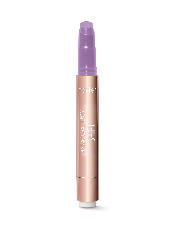 Tarte makeup product with purple cap and rose gold body on white background