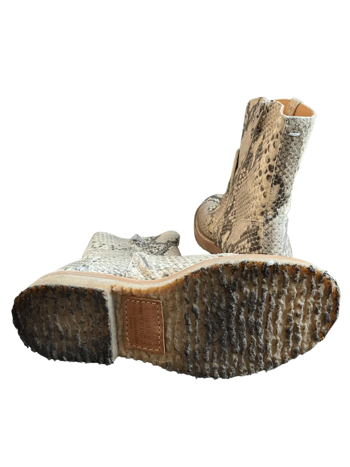 Maison Martin Margiela snakeskin ankle boots in size 35.5, featuring a sleek design and textured snakeskin pattern.
