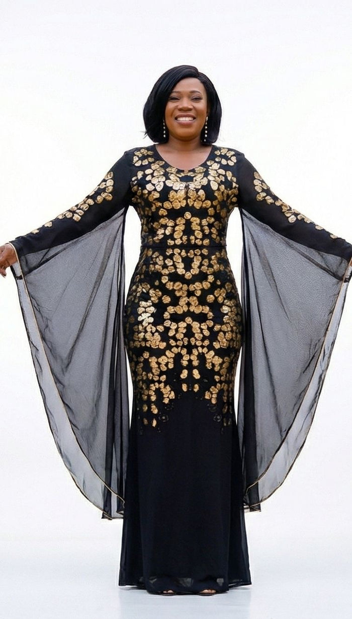 Maxi Dress Manche Évasée- Paillettes