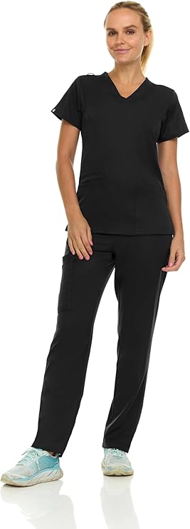 Medichic Eleanor V-Neck Top with Joelle Elastic Drawstring Cargo Pants Scrub Set - Black