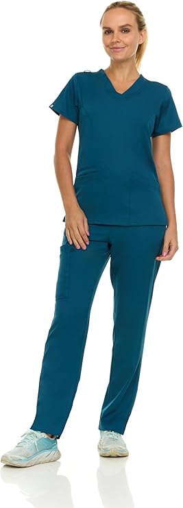 Medichic Eleanor V-Neck Top with Joelle Elastic Drawstring Cargo Pants Scrub Set - Caribbean Blue