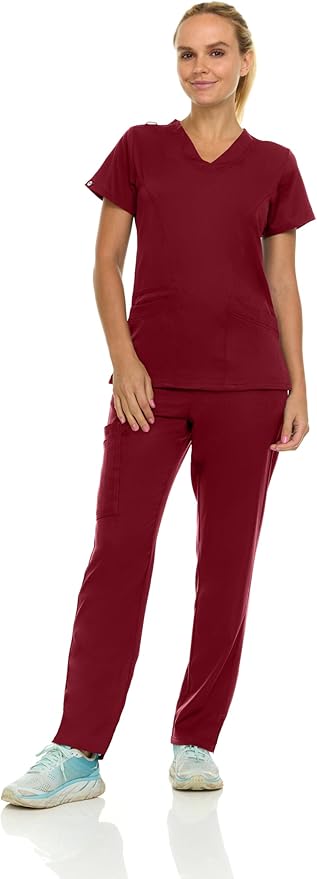 Medichic Eleanor V-Neck Top with Joelle Elastic Drawstring Cargo Pants Scrub Set - Wine