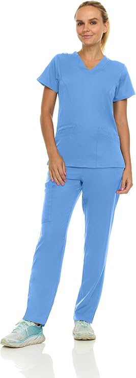Medichic Eleanor V-Neck Top with Joelle Elastic Drawstring Cargo Pants Scrub Set - Ceil Blue