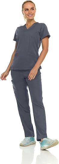 Medichic Eleanor V-Neck Top with Joelle Elastic Drawstring Cargo Pants Scrub Set - Pewter Grey