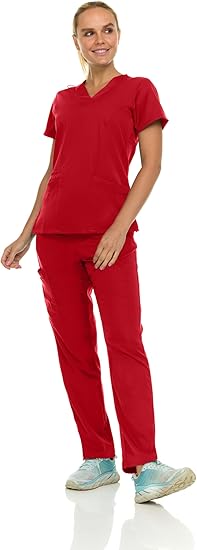 Medichic Eleanor V-Neck Top with Joelle Elastic Drawstring Cargo Pants Scrub Set - Red